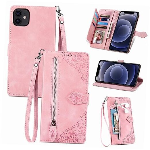 Compatible with iPhone 11 6.1 Wallet Case and Wrist Strap Lanyard Leather Pink