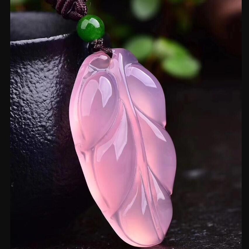 Natural ICY Chalcedony Jade Leaf Carved Purple Agate Pendant Necklace