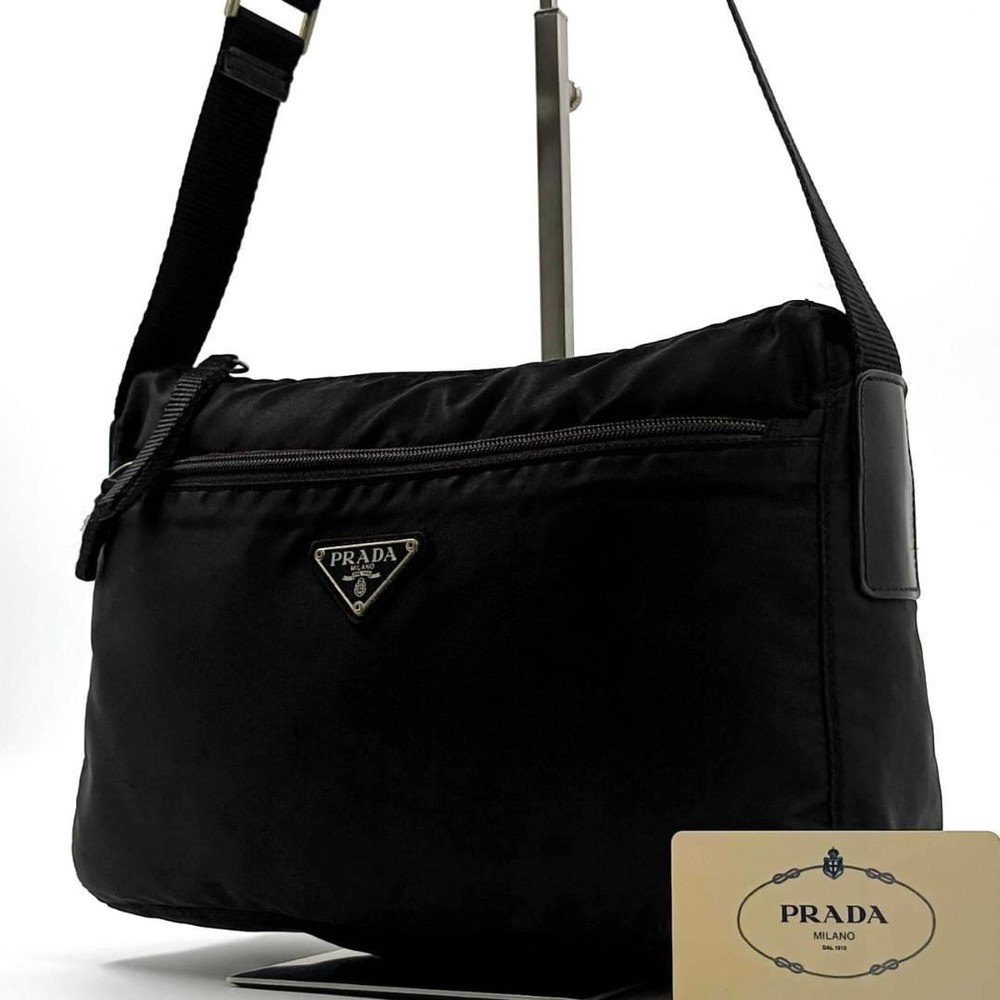 Prada Triangle Logo Nylon Leather Shoulder Bag in Black White Rare Popular