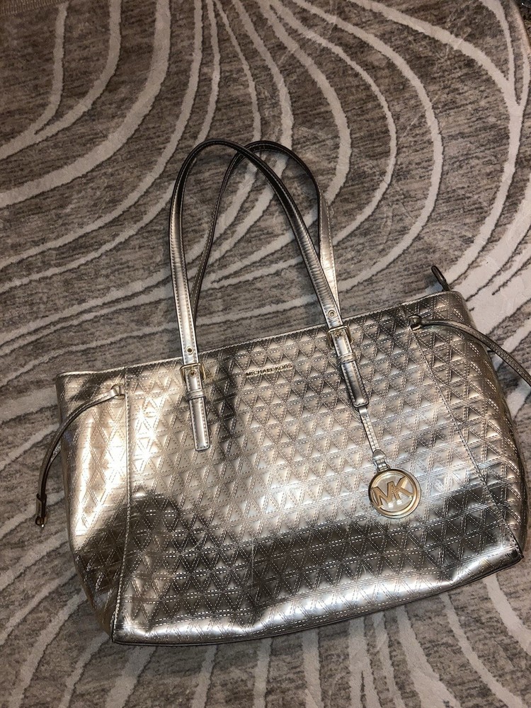 Michael Kors Voyager Metallic Champagne Silver Top Zip Tote