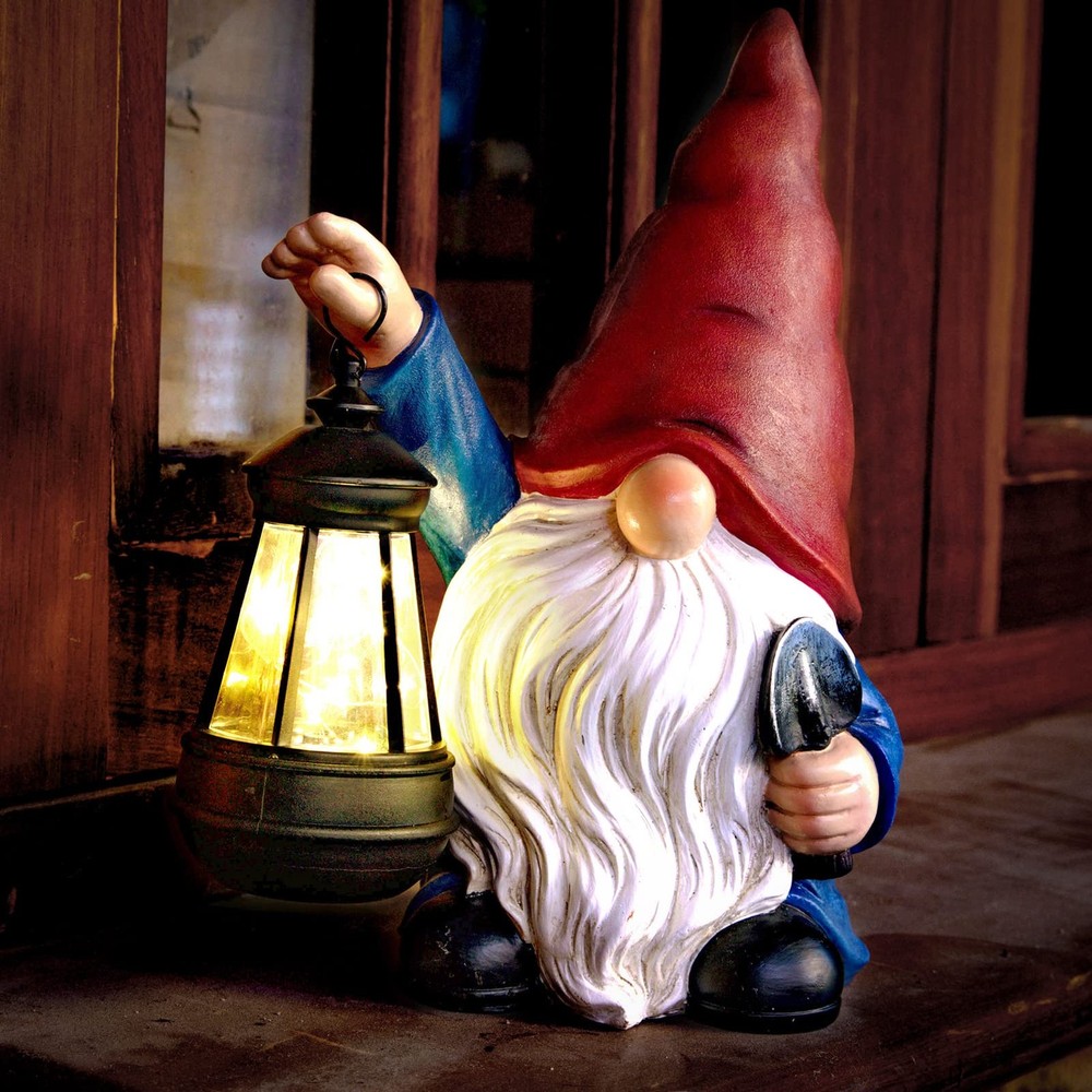 Solar-Powered Garden Gnome Statue with Lantern & Shovel Outdoor Decor