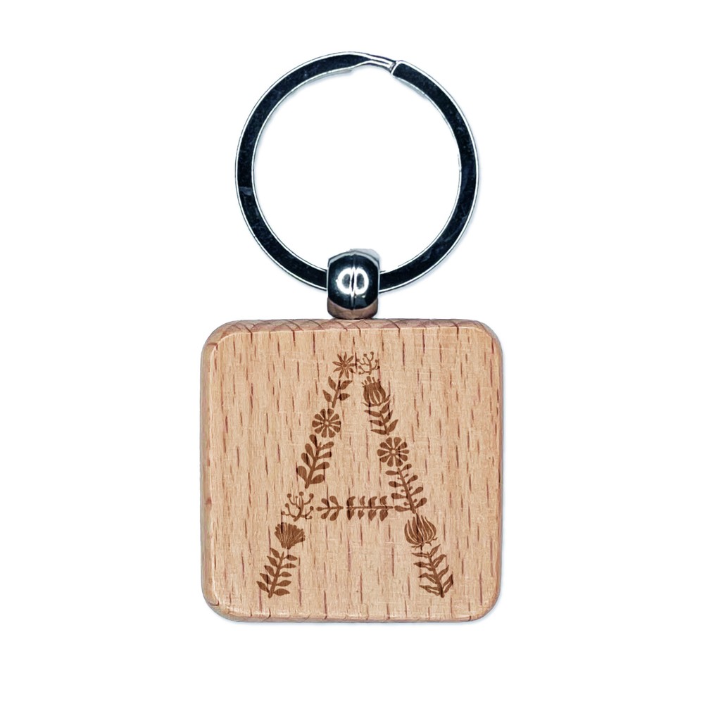 Elegant Floral Letter A Engraved Wooden Keychain Charm