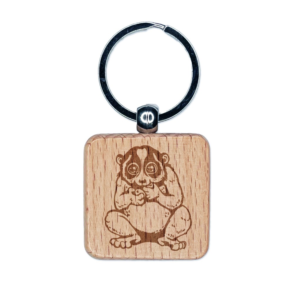 Slow Loris Eating Grapes Engraved Wood Square Keychain Tag Charm