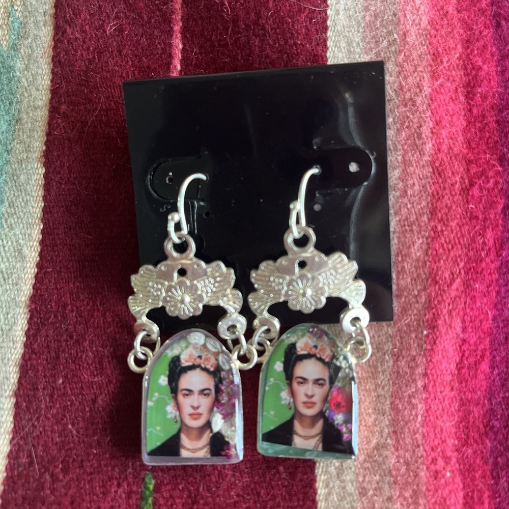 Mexican Frida Kahlo Portrait Sterling Silver Earrings Birds $145 Original Price