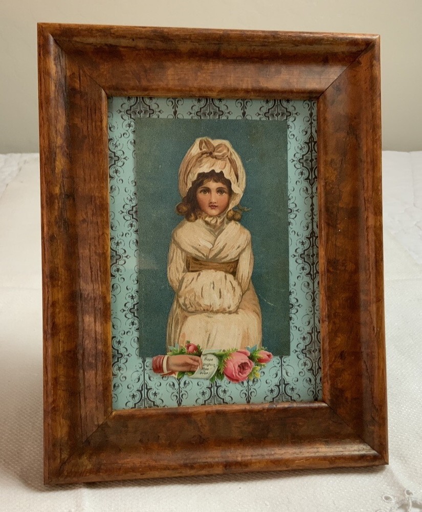 Antique Framed Victorian Trade Card Ephemera, Young Girl With Muff, Flowers