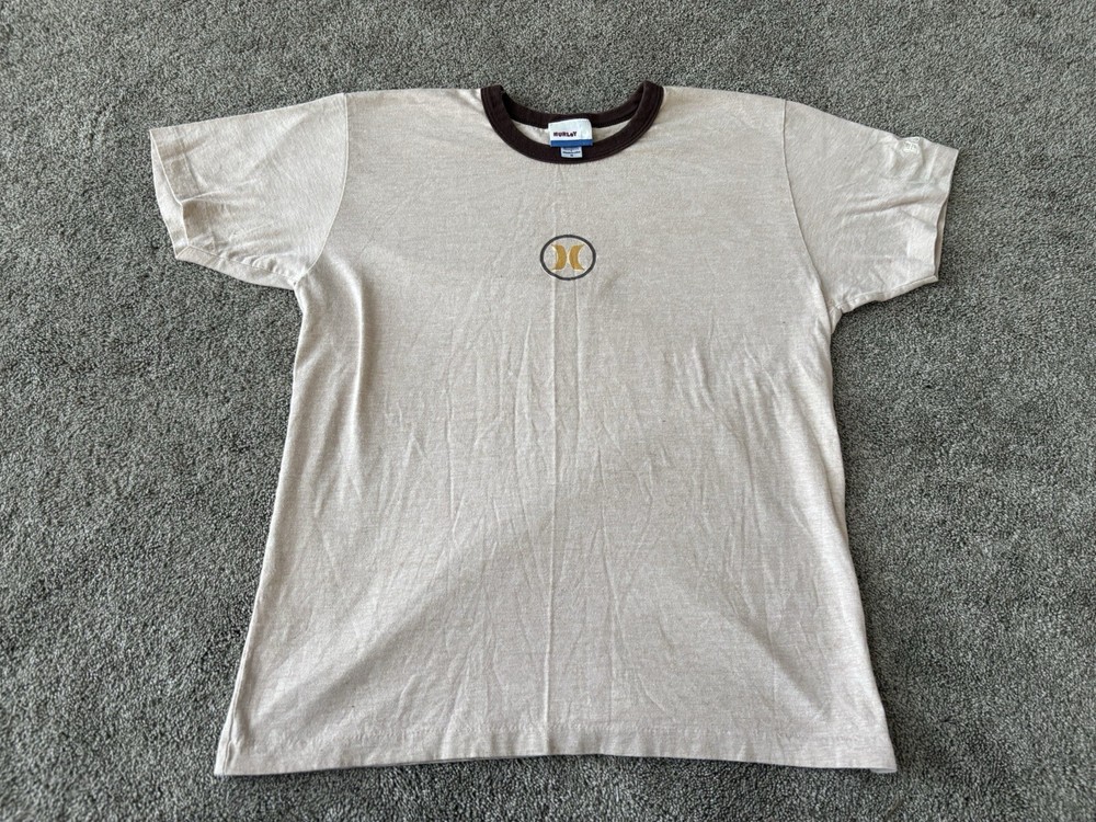 Vintage 90s Hurley T Shirt Medium Beige Ringer Single Stitch USA Skater Surf Men