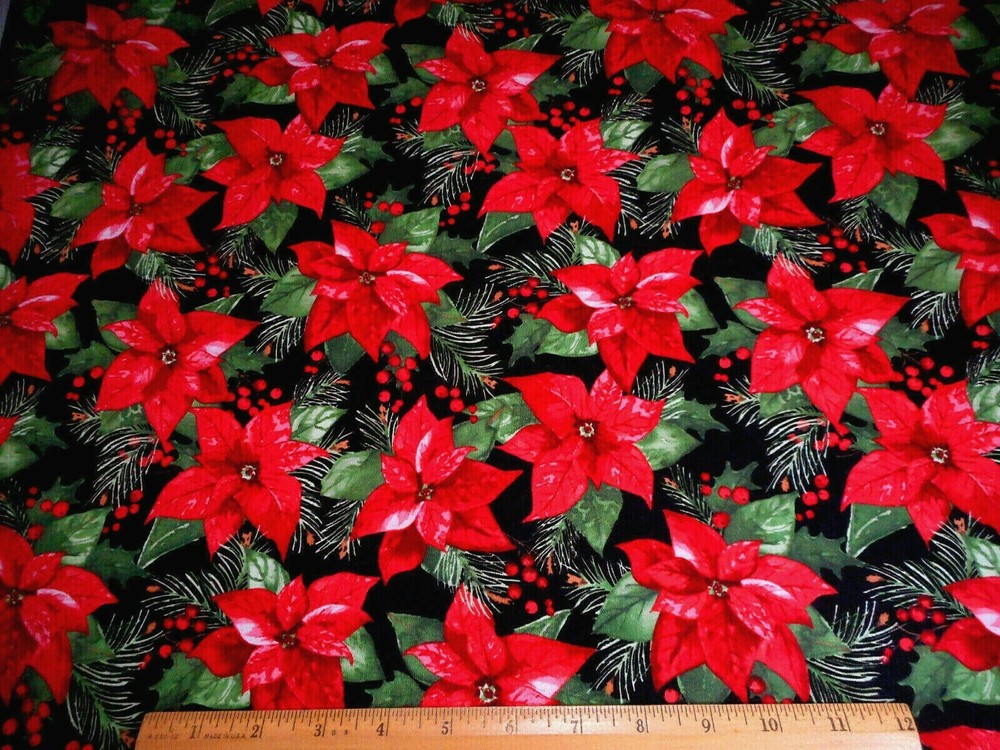 Festive Red Poinsettia Berries Pine Black Christmas Cotton Fabric By Yard #56 #C  