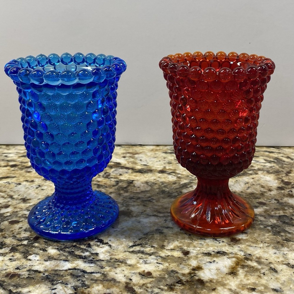Vintage Fenton Hobnail Blue & Red Votive Candle Holder Set - Patriotic Colors