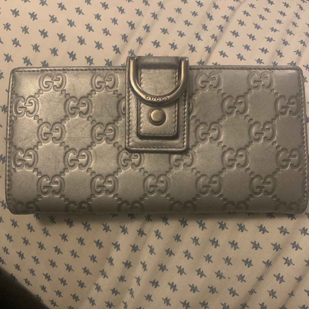 Authentic GU Fairfax GG Abbey Canvas Leather Bifold Longords Wallet Silver #154256 gulper 3731  