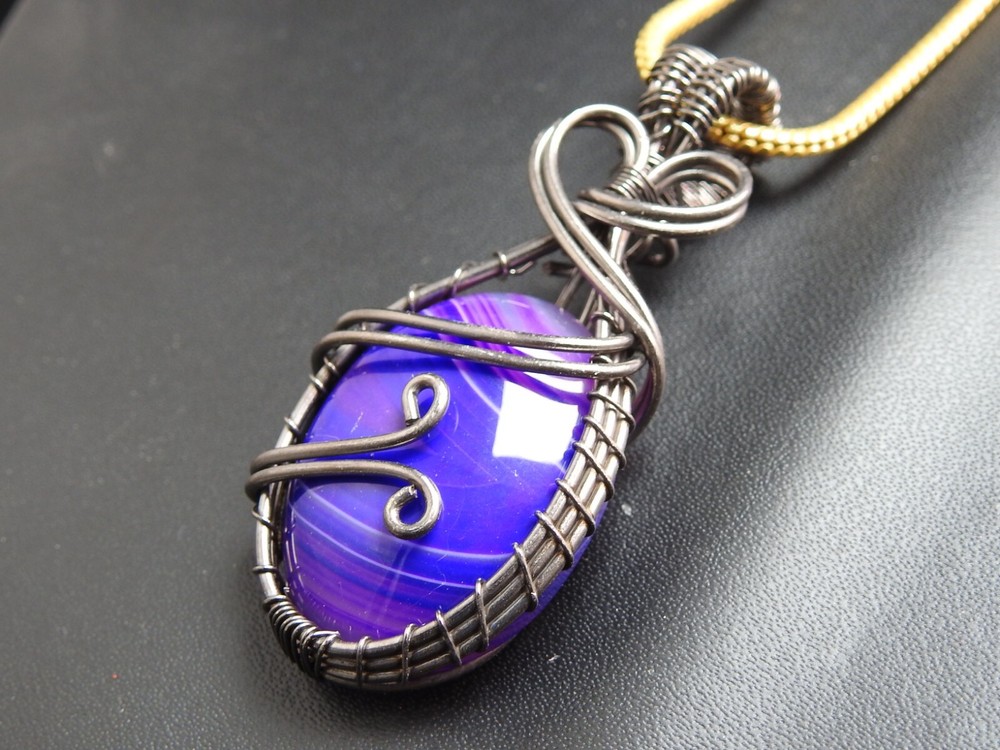 Purple Strip Agate Brass Pendant Silver Oxidised Polished Wire Wrapped Jewelry