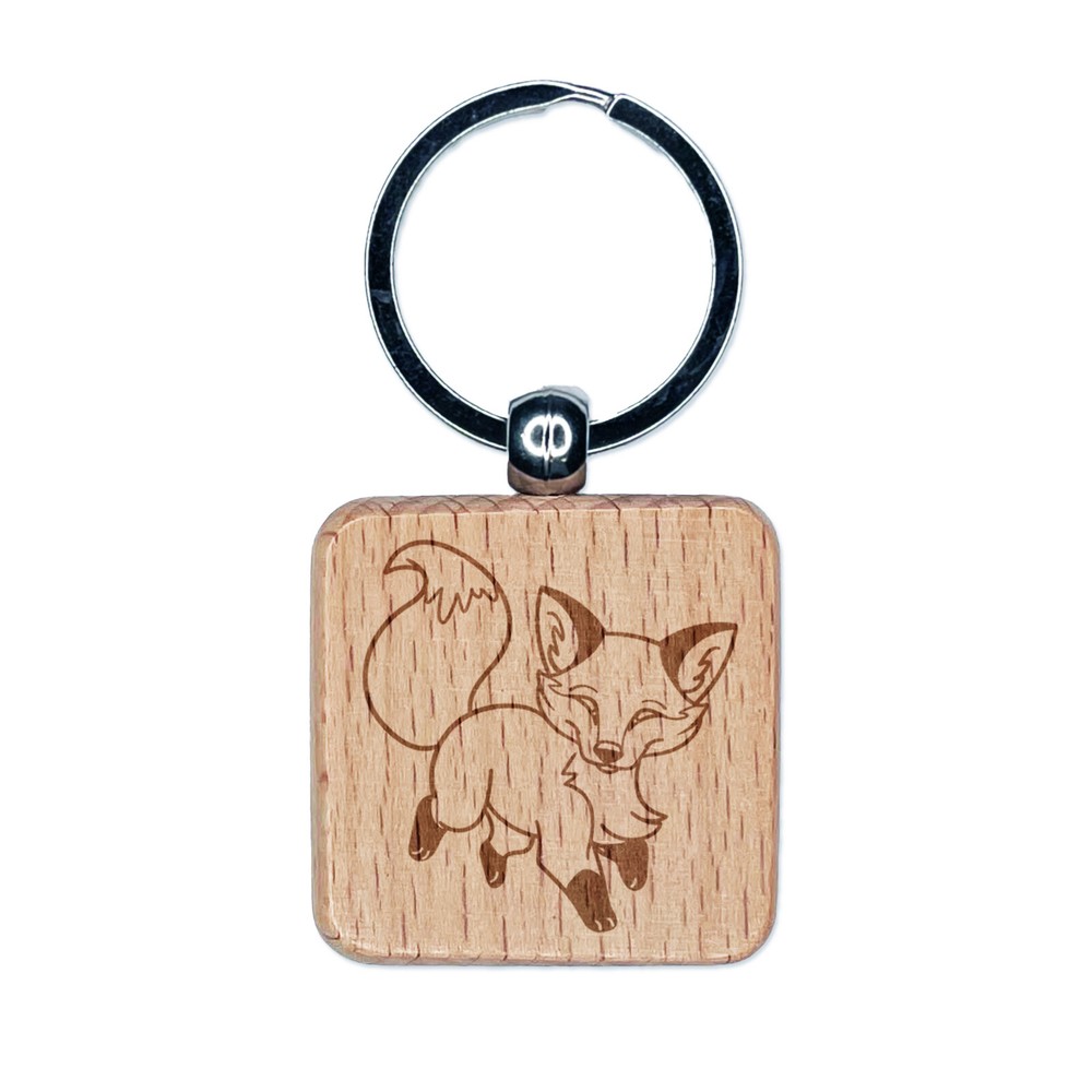 Playful Chibi Fox Wooden Keychain Charm - Laser Engraved Square Tag  