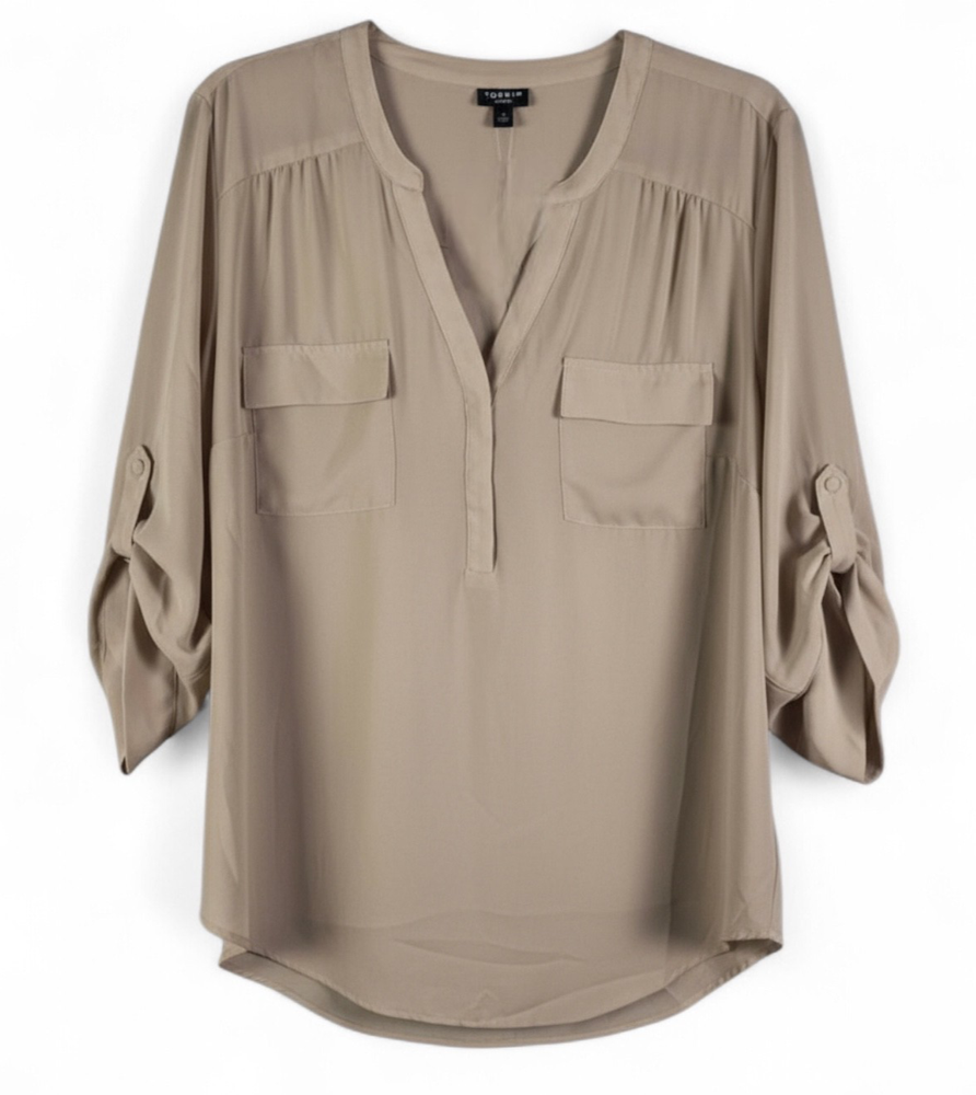 TORRID HARPER TOP Blouse Tunic BEIGE CHIFFON NOTCHED V-NECK Roll Tab Slvs 3/3X