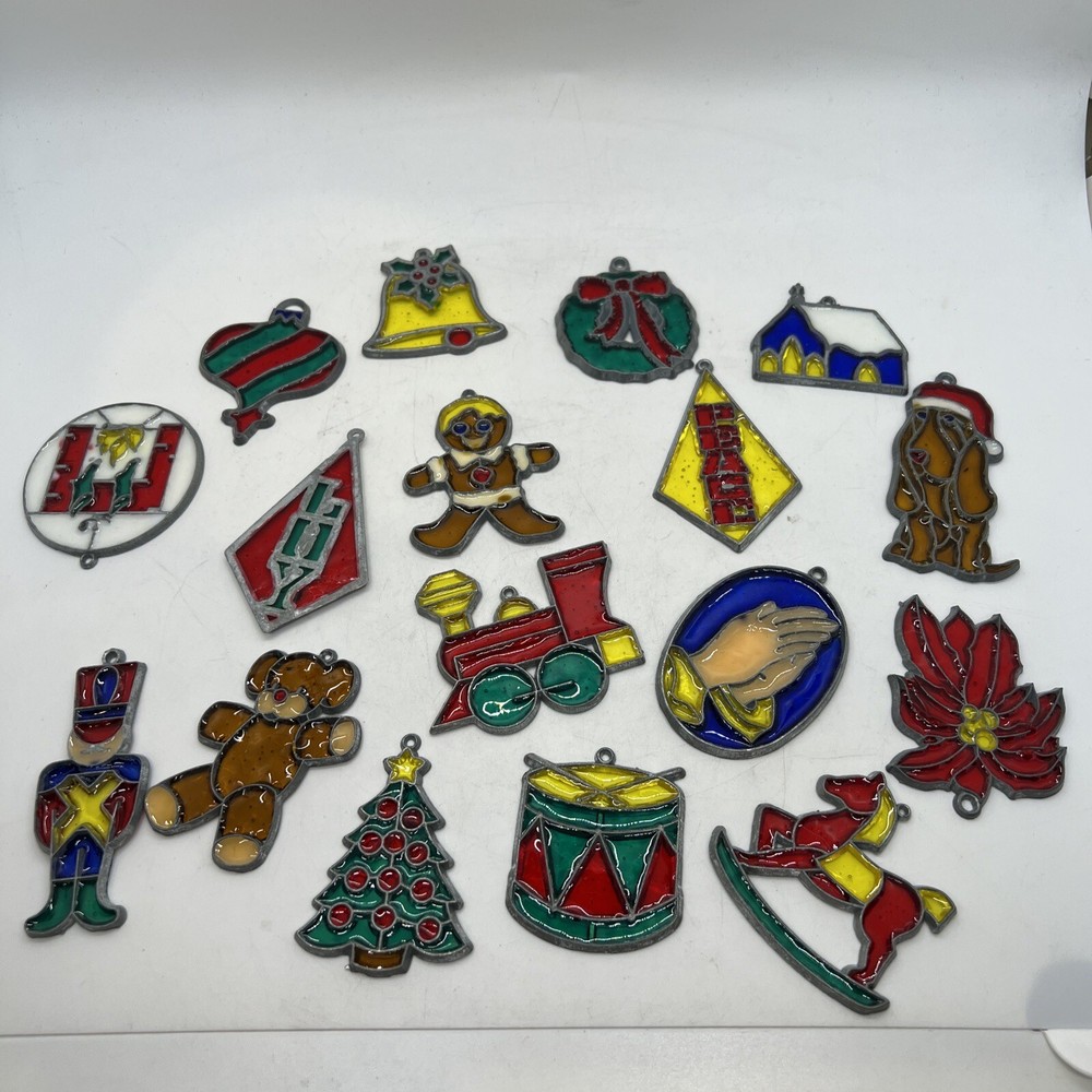 Lot of 17 Vintage Stained Glass Christmas  Sun Catcher Ornaments 2-3inches