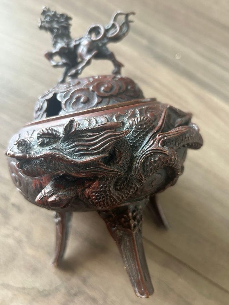 Bronze 6.7 in Incense Burner DRAGON QILIN Vintage Japanese Censer Figurine