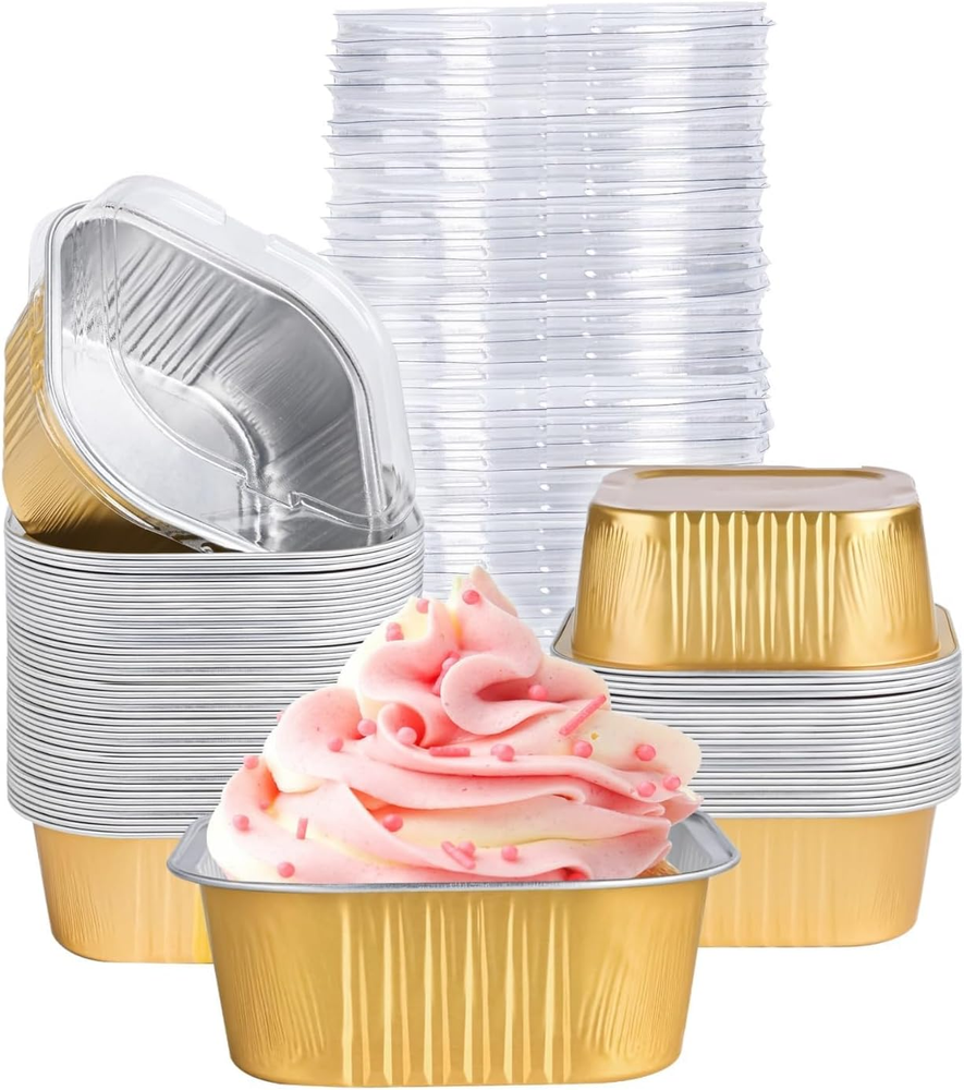 40 Pack Mini Cake Pans with Lids, 5Oz Square Aluminum Foil Brownie Baking Cups,
