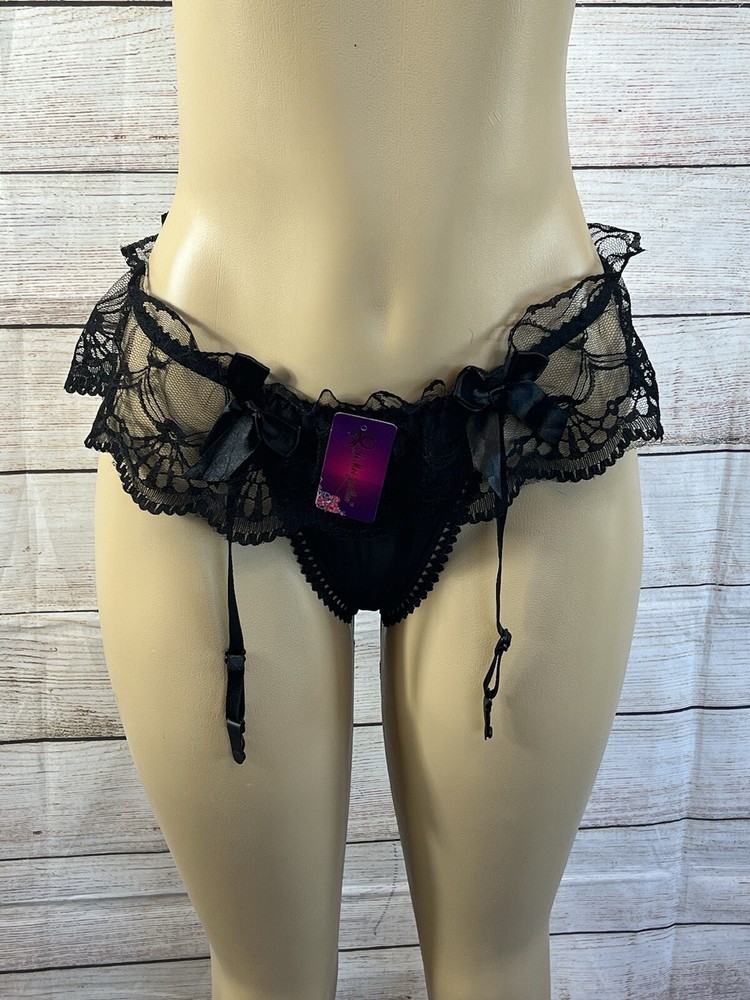 Ai Mei Jia RenThong Panty Women Black Adjustable Strap Bow Lace Sexy Fits M-L