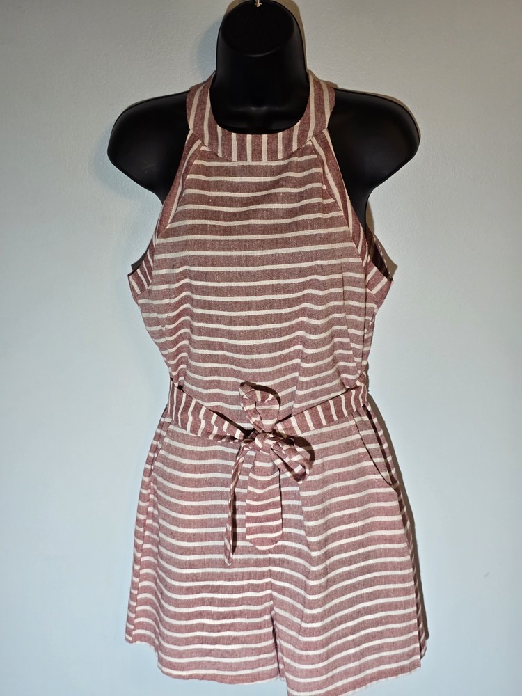 Red White Striped Halter Romper Tie Waist Sleeveless Small Summer Playsuit