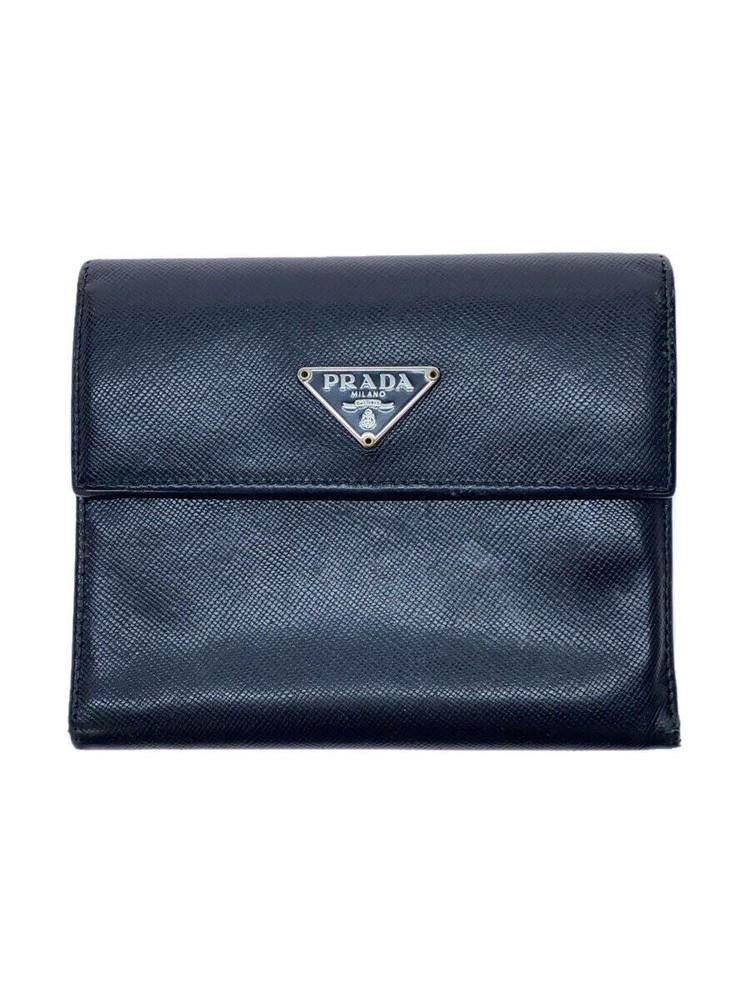PRADA 3-fold plain black leather wallet for men