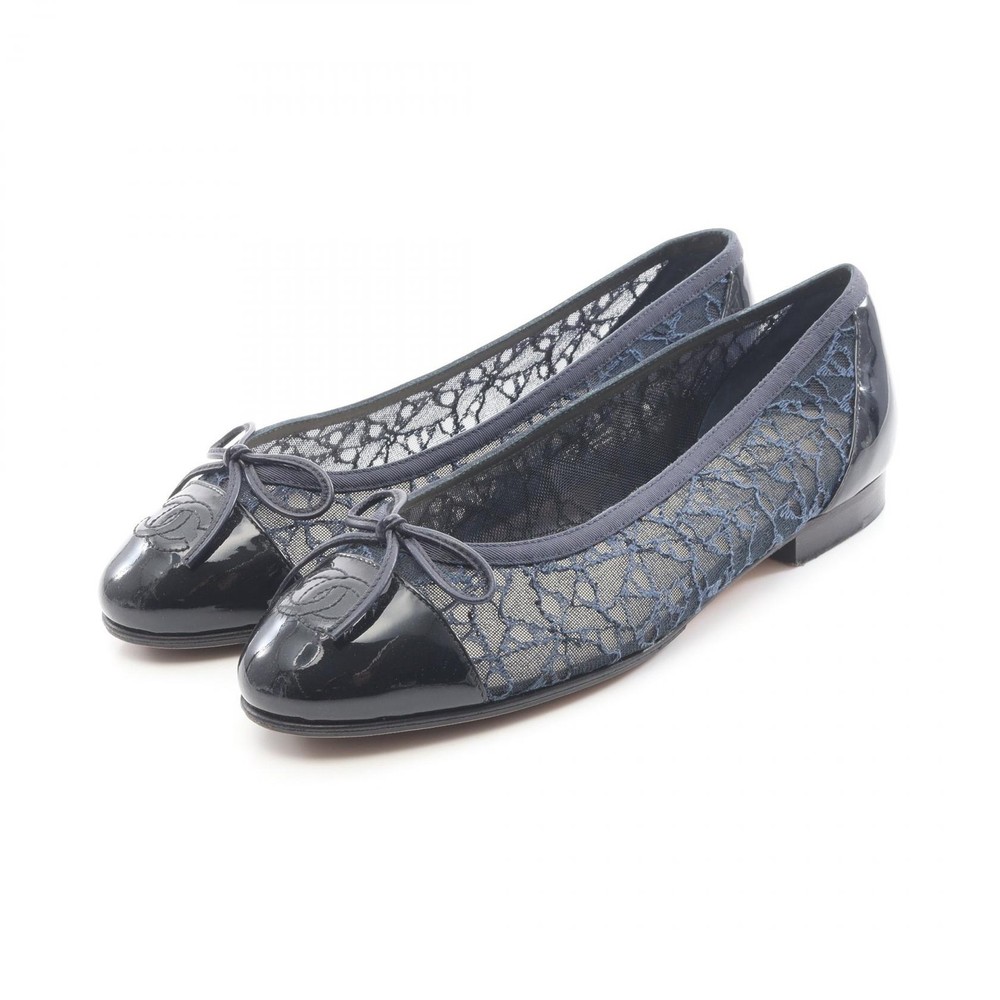 CHANEL BALLERINA COCO Mark Pumps Shoes #36 1/2 Fabric Navy Black Used Women CC
