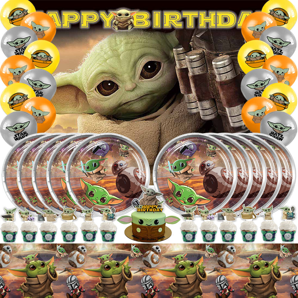 Baby Yoda Party Supplies Set Plates Balloons Cake Toppers Banner Tablecloth