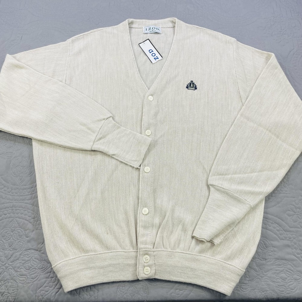Vintage IZOD Cardigan Sweater Men XL Cream Made in USA V Neck Acrylic Crest Logo