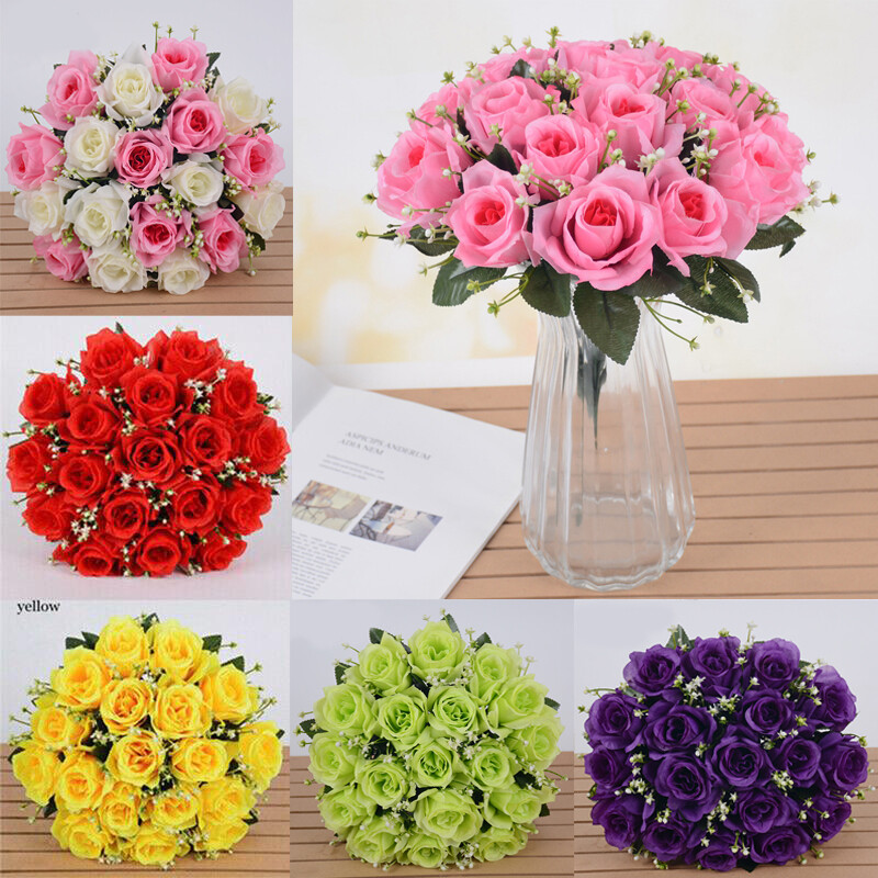 18 Heads Silk Rose Artificial Flowers Fake Bouquet Wedding Home Party Decor