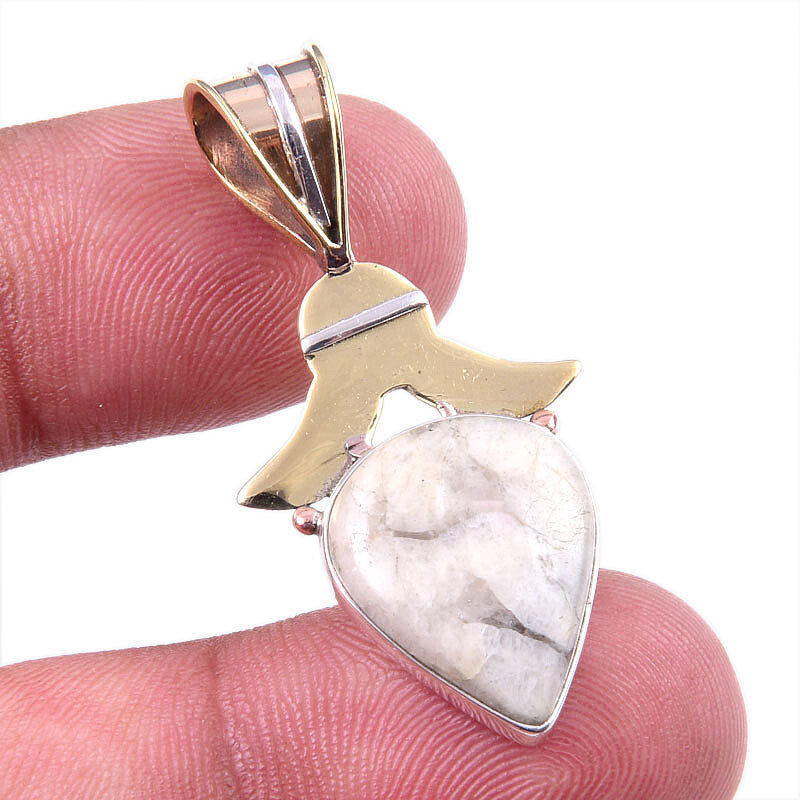 Natural Jasper Gemstone 925 Sterling Silver Two-Tone Pendant 1.5 Inch