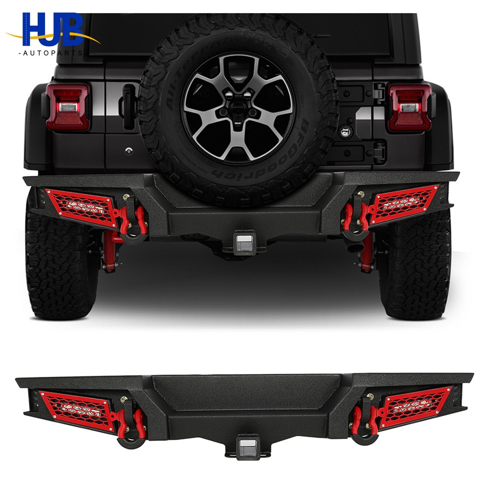 For 2018-2021 Jeep Wrangler JL Textured Steel Black Rear Bumper W/ LED lights
