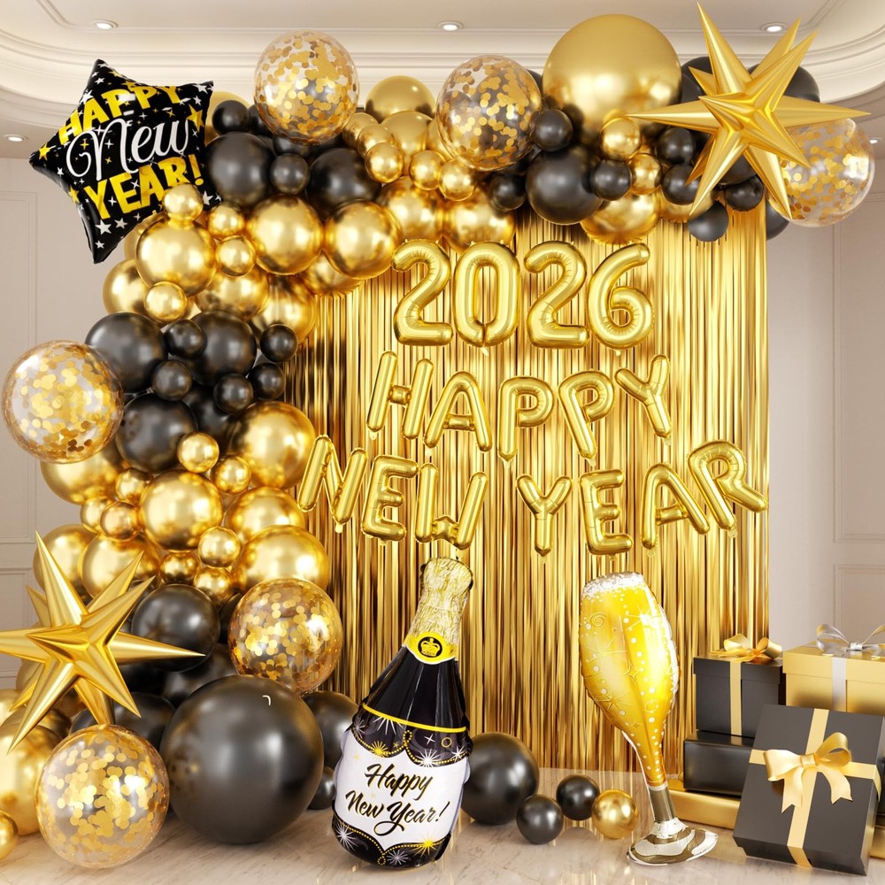 Happy New Years Decorations 2026 Eve Party Supplies with Black Gold Confetti ...-image