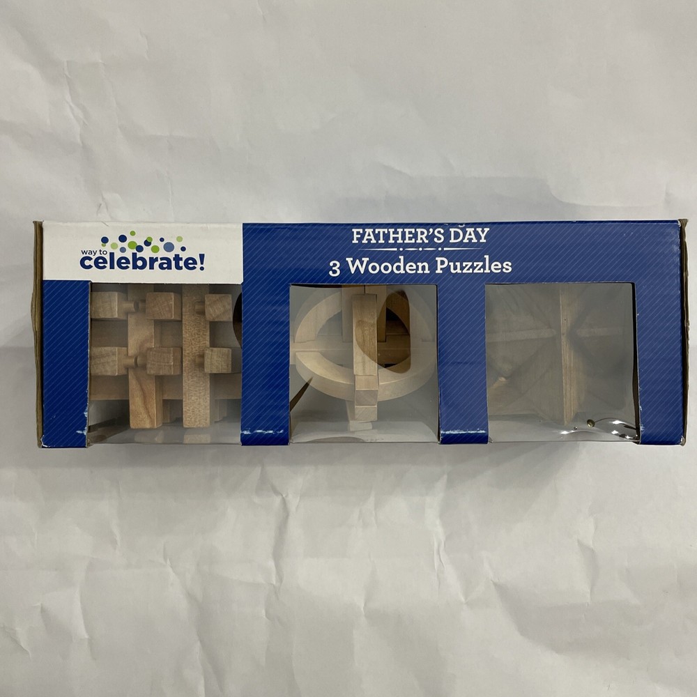 Fathers Day Wooden Brain Teasers Set of 3 Piece Wood Cube Puzzles Gift Fun - NEW-image