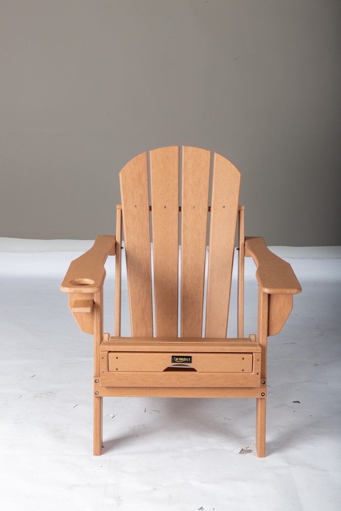 All-Weather Folding Adirondack Chair with 36-Inch Ottoman in Waterproof HDPE Teak Plastic