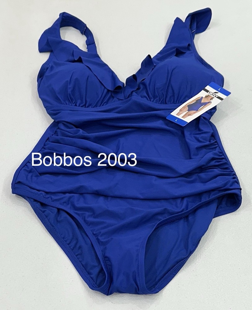 DKNY Women's UPF 40+ Stretch One-Piece Swimsuit, Blue, Size L