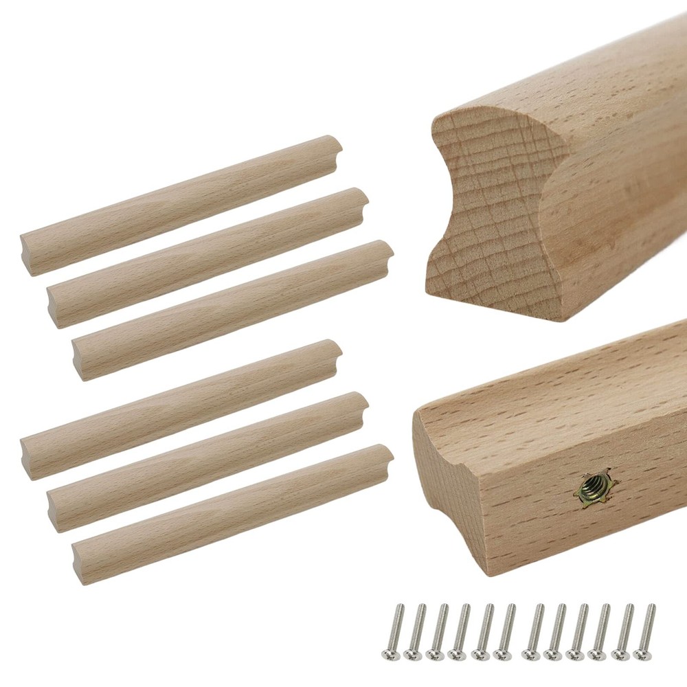6Pcs Unfinished Beech Wood Furniture Pulls Handles, Unpainted Solid Wood Drawer Pulls
