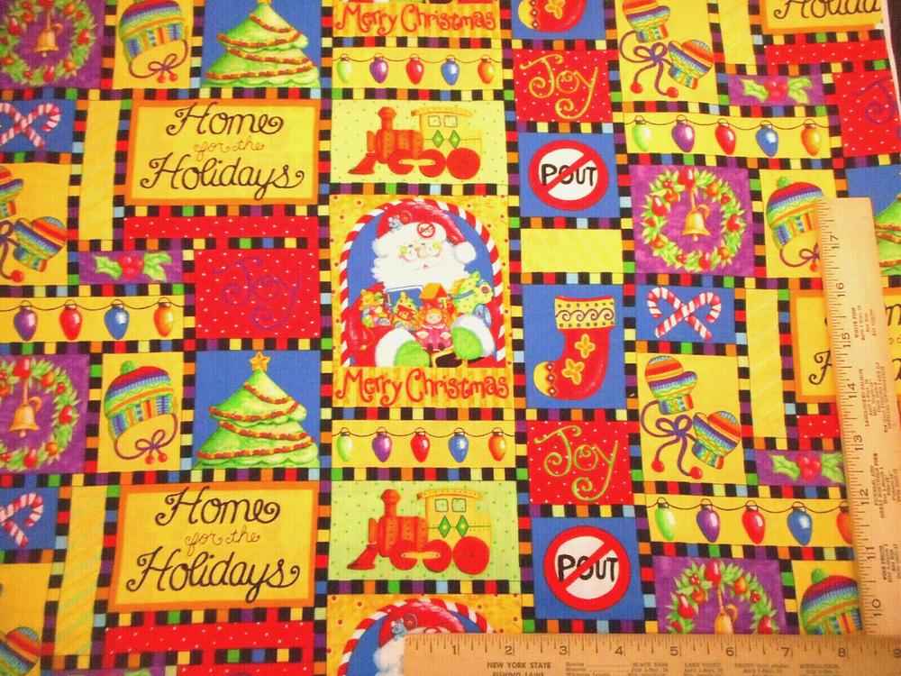 Christmas Fabric By Yard Wreath Stocking Train Tree Santa Patch Cotton #43 Vtg