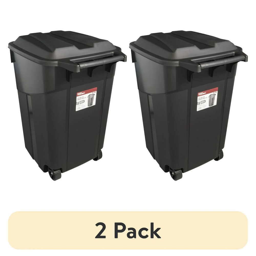 (2 pack) Hyper Tough 45 Gallon Wheeled Heavy Duty Plastic Garbage Can, Attached