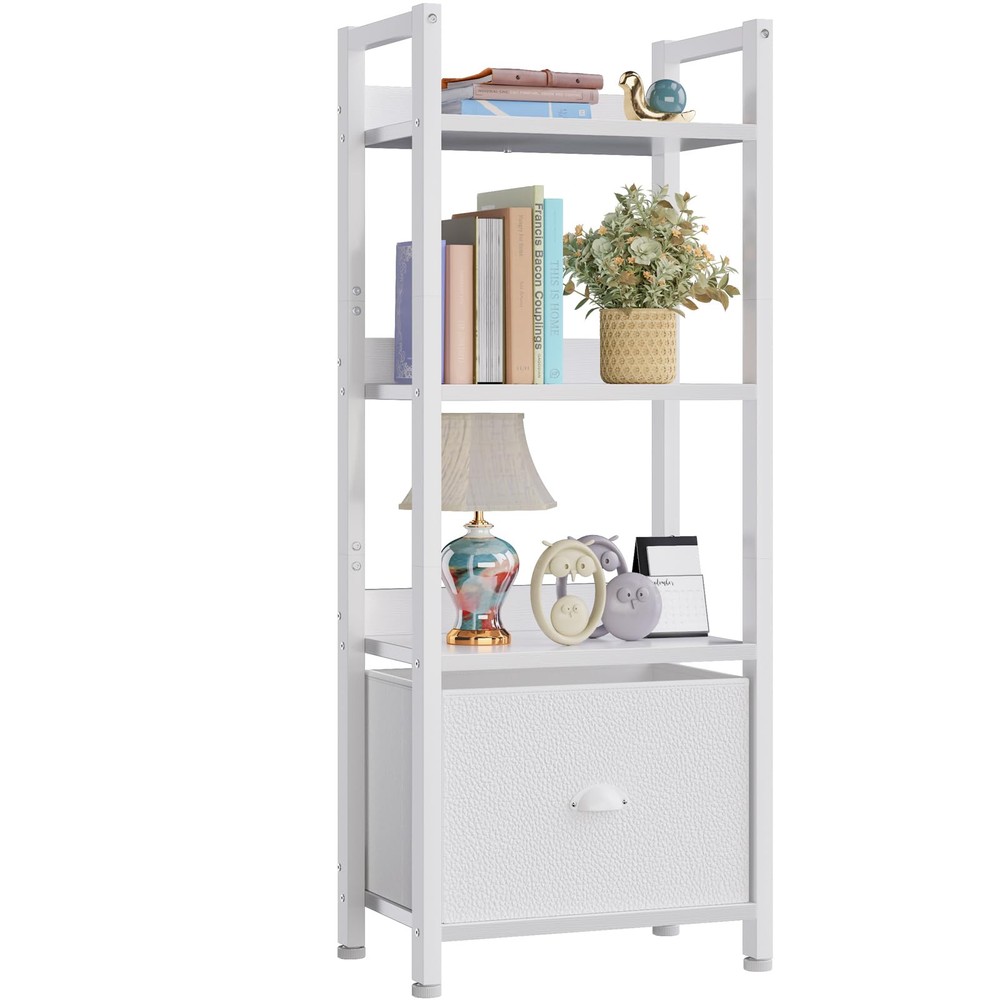 White 4-Tier Bookshelf with Drawer, Modern Narrow Bookcase for Small Spaces, Compact Storage for Books and Decor