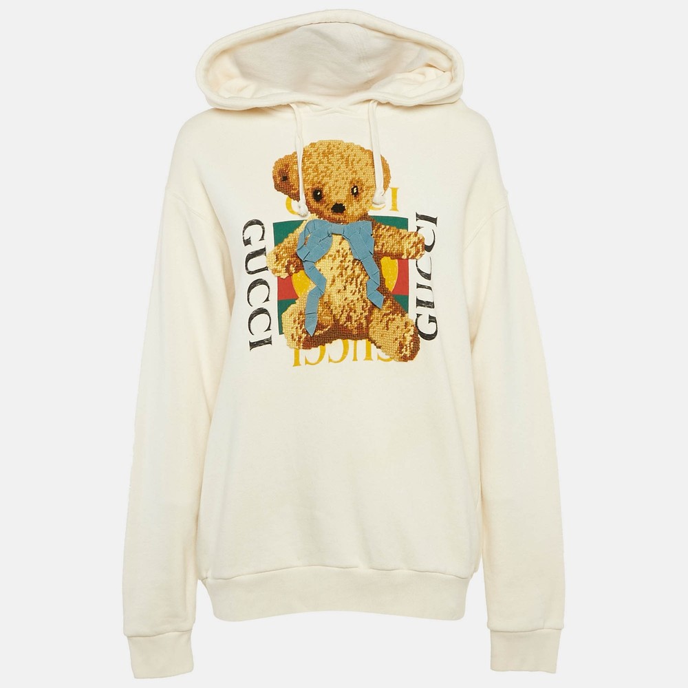 Gucci Cream Teddy Embroidered Cotton Knit Hoodie Sweatshirt