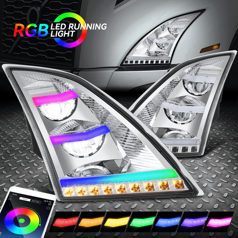 Tri RGB LED DRL & Switchback Signals for 18-24 Volvo VNL VNR Chrome Headlights