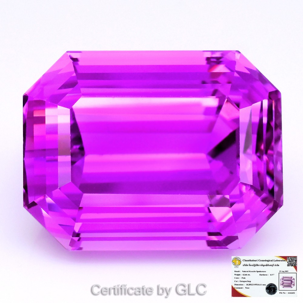 💎 Marvelous 62.66ct Natural Electric Magenta Pink Kunzite (IF) Certified by GLC