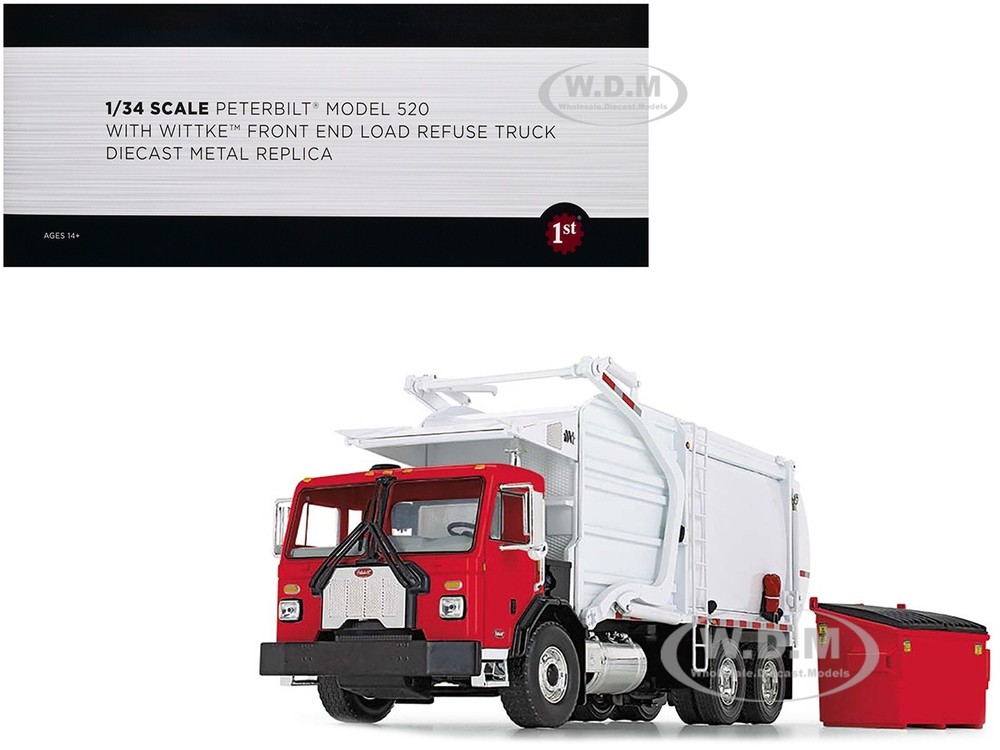 PETERBILT 520 FRONT LOAD GARBAGE TRUCK & BIN RED & WHITE 1/34 FIRST GEAR 10-4335