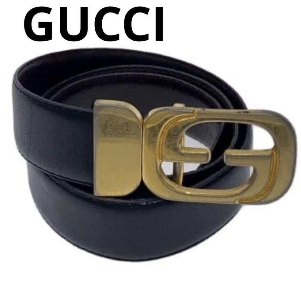 Authentic GUCCI GG Interlocking Buckle Leather Belt in Black Brown Gold