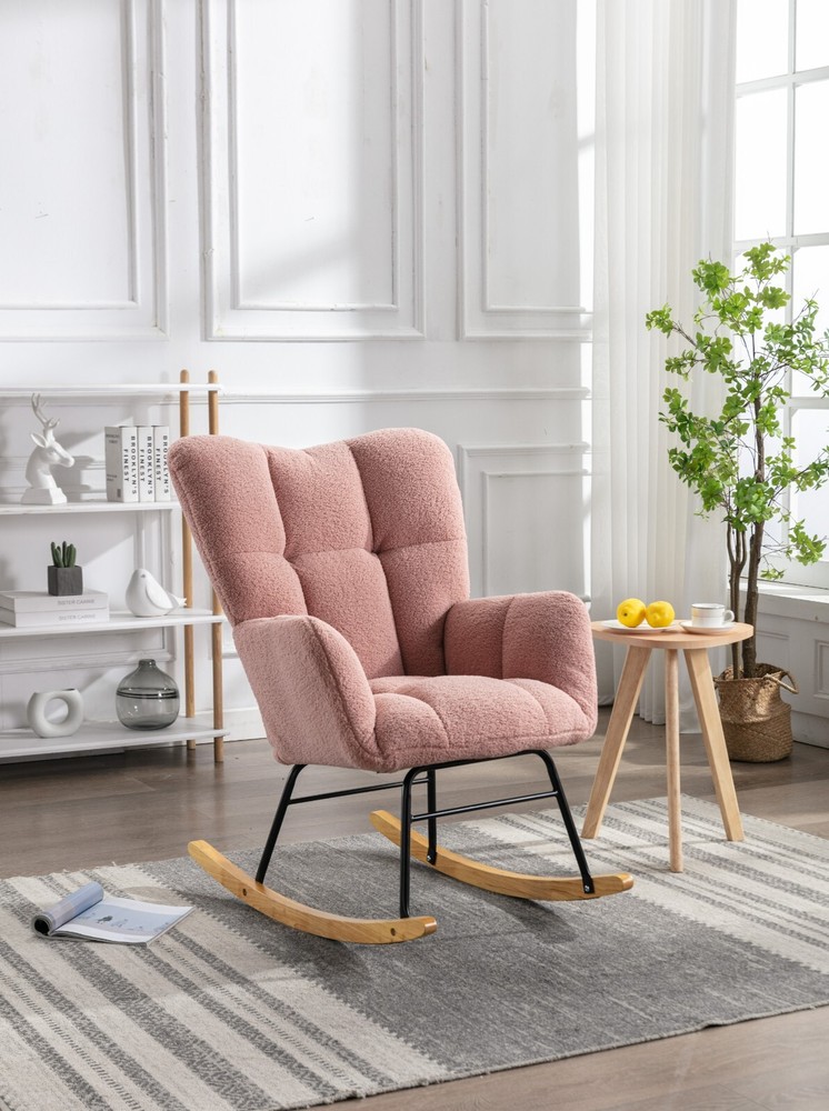Modern Soft Teddy Fabric Upholstered Rocking Chair Padded Seat for  Living Room