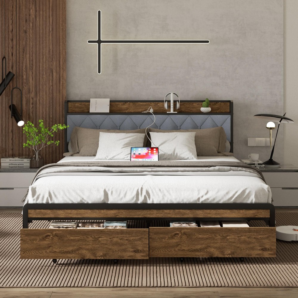 HAOARA Queen Size Metal Platform Bed Frame with 2 Storage Drawers & LED Light...