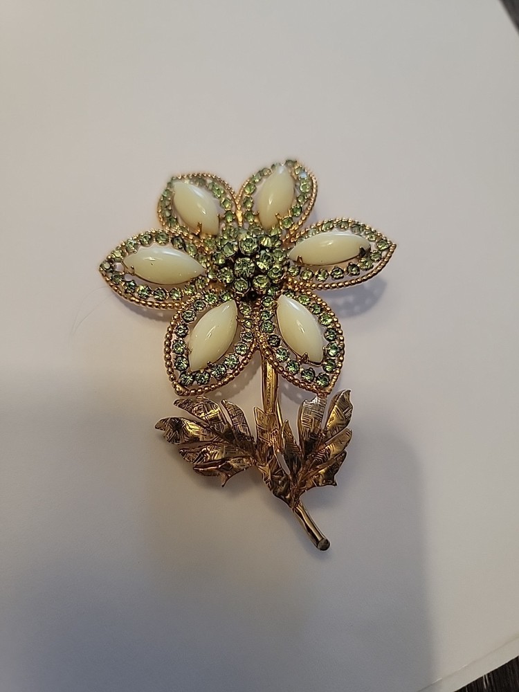 Vintage signed WEISS Green and AB Rhinestone Flower Brooch Pin