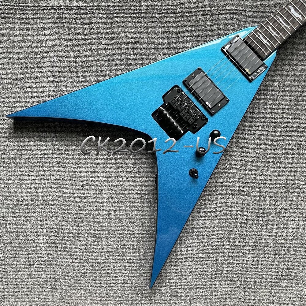 Pelham Blue Fly King V Electric Guitar Active Floyd Rose 6 String Black Hardware