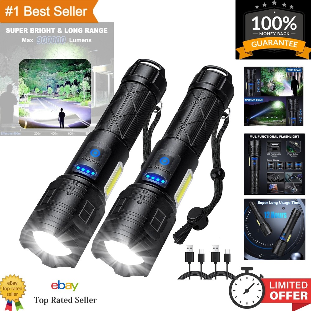 7 Mode Waterproof Flashlight Set - 900000 Lumens Ultra Bright, USB Rechargeable