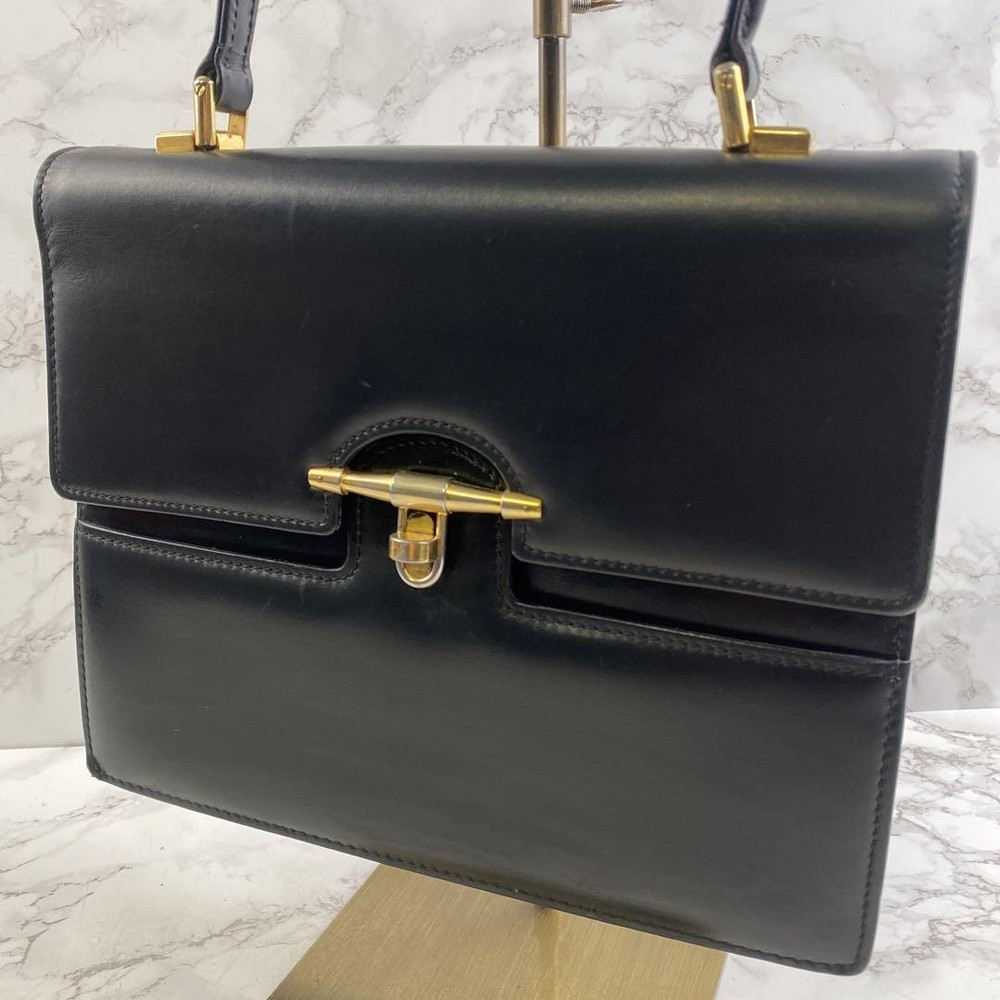 GUCCI Vintage Black Gold Leather Formal Handbag Genuine Leather