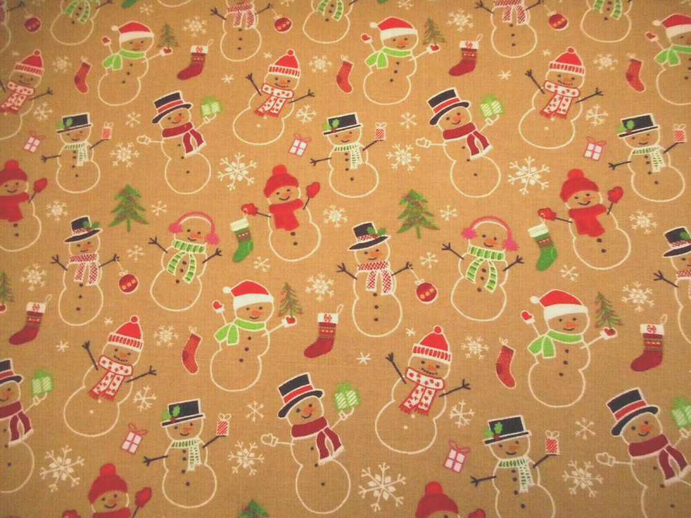 Christmas Fabric By Yard Snowmen Gift Tree Stocking Snowflakes on Tan Cotton #46