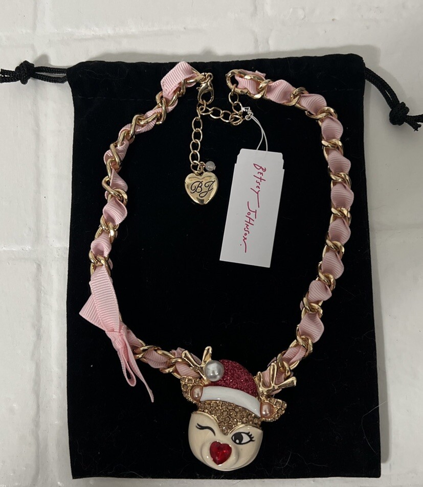 Betsey Johnson Christmas Bling Winking Reindeer Pendant & Woven Necklace NWT
