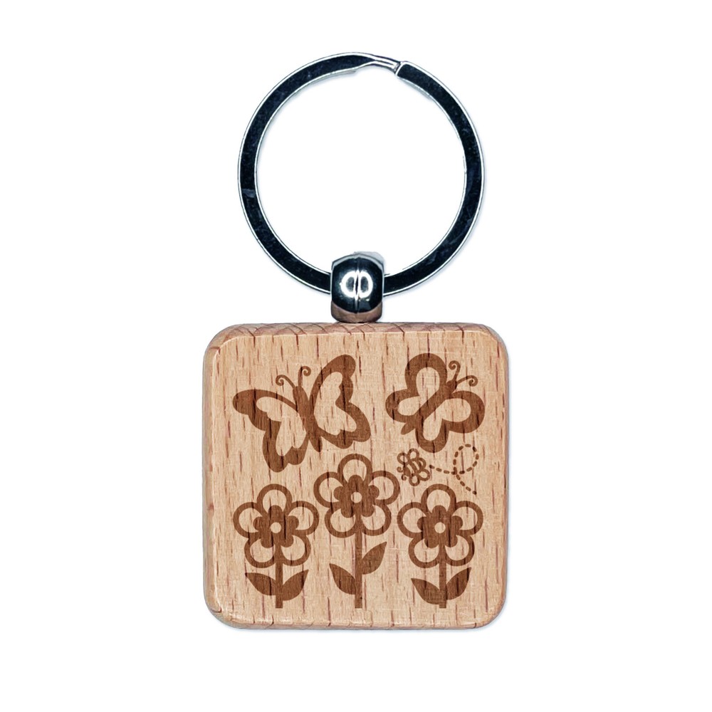 Floral Butterfly Bee Engraved Wooden Square Keychain Charm